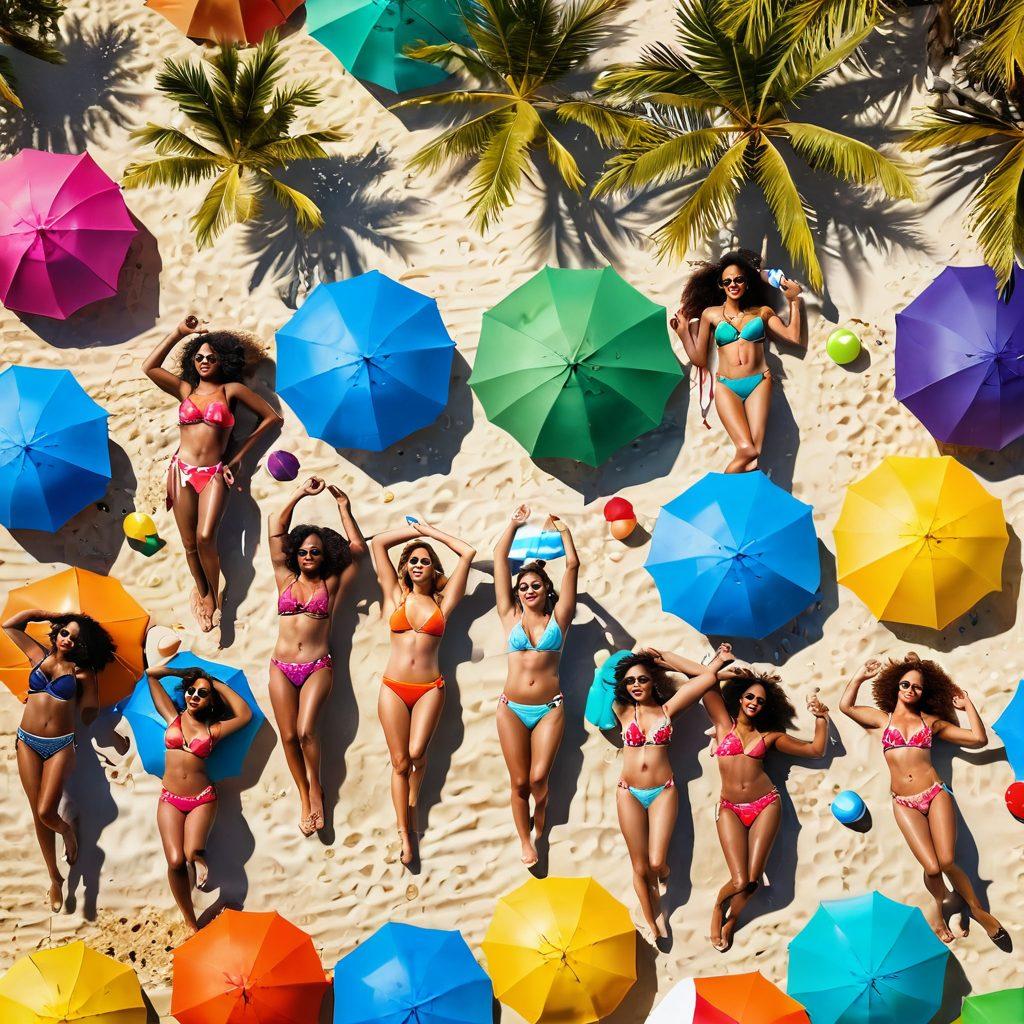 A vibrant beach scene showcasing diverse women of different body types modeling trendy summer bikinis and beachwear fashion. Include playful waves in the background with colorful beach umbrellas, flip-flops, and beach balls scattered around. Capture the essence of summer with bright sunlight and palm trees swaying gently. The mood should be lively and joyful, inviting viewers to embrace beach life. 3D. vibrant colors. super-realistic.